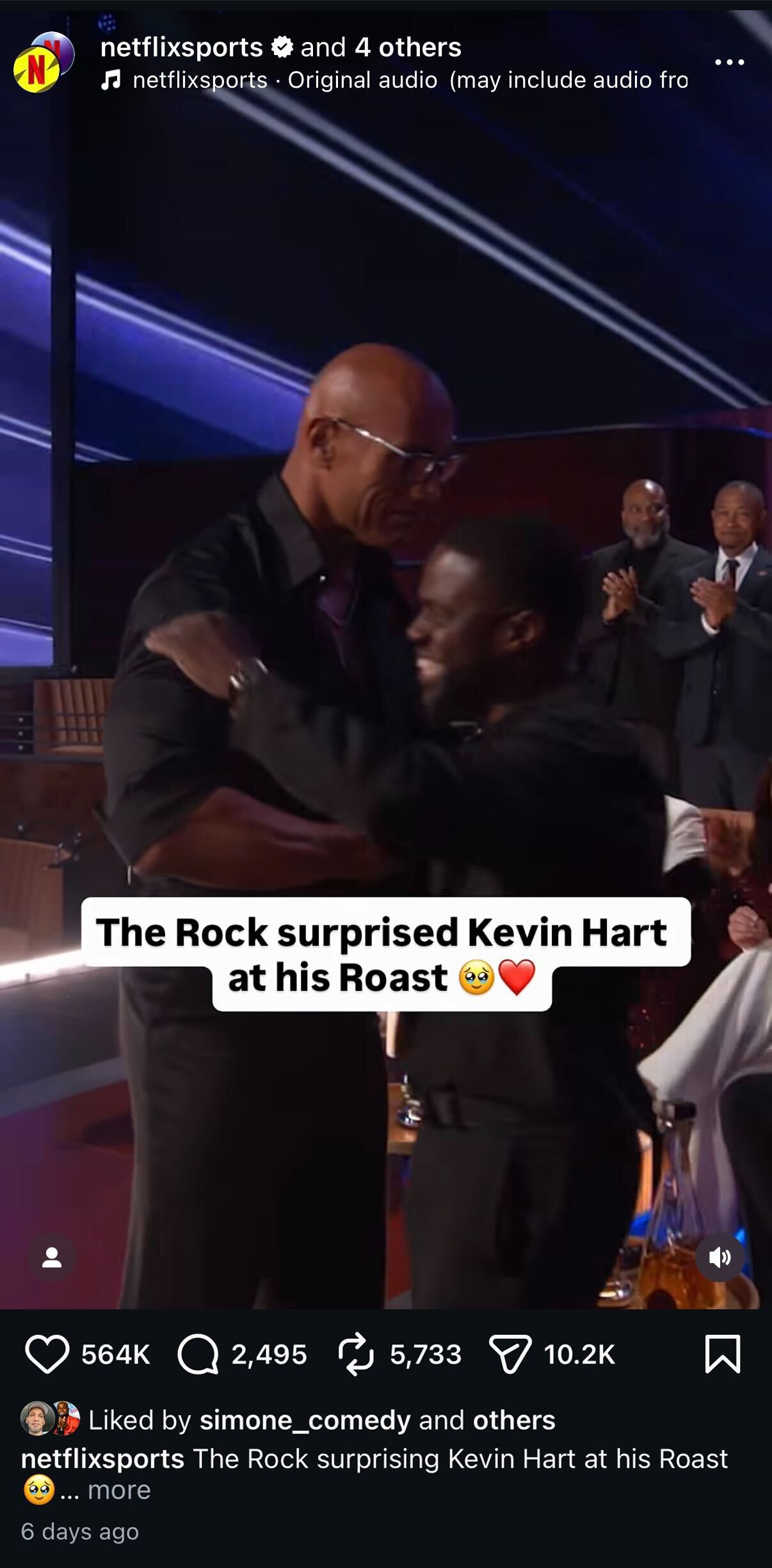 Kevin Hart and The Rock at Kevin Hart's roast — 564K likes in six days